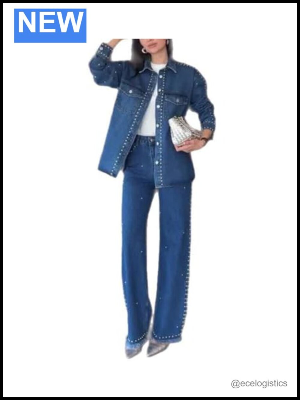 Women's Denim 2 Piece Outfit Pearl Long Sleeve Button Down Shirt with Wide Leg